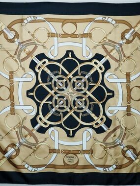 Hermès Eperon d’Or Flagship w/box Silk Scarf in Black, Cream and Gold 90cm